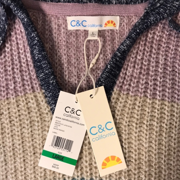 NWT C&C California Marl Striped Chunky Hooded V-Neck Sweater - Picture 3 of 14